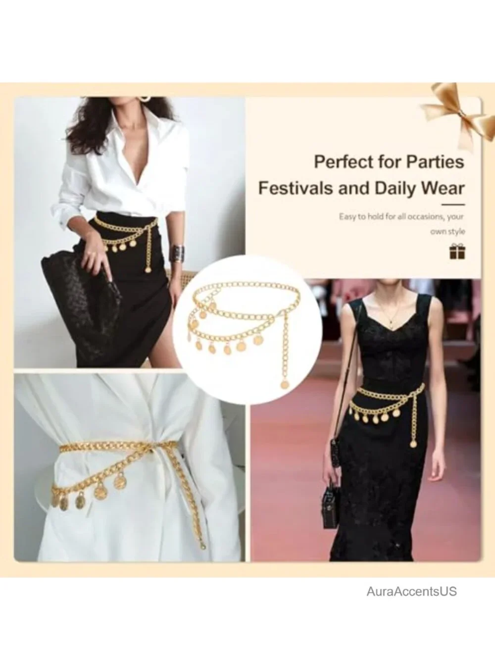 Gold Chain Belt with Coin Pendants - Adjustable Waist Chain for Dresses